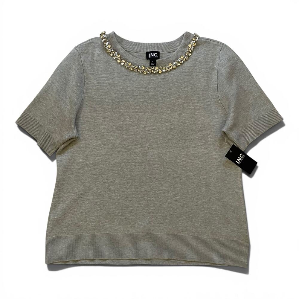 INC Embellished Sweater Top Gray Short Sleeve Knit L NWT Rhinestone